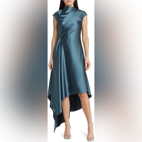 Amsale NWT Draped Satin Asymmetric Cocktail Dress in Petrol Size 12 MSRP $595 - Picture 3 of 11